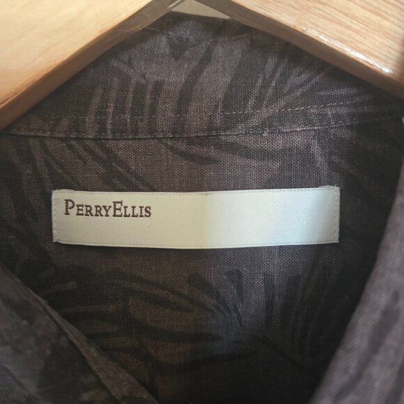 Perry Ellis Men’s XL Linen Rayon Leaf Print Hawaiian Shirt Short Sleeve Retro - Picture 4 of 5